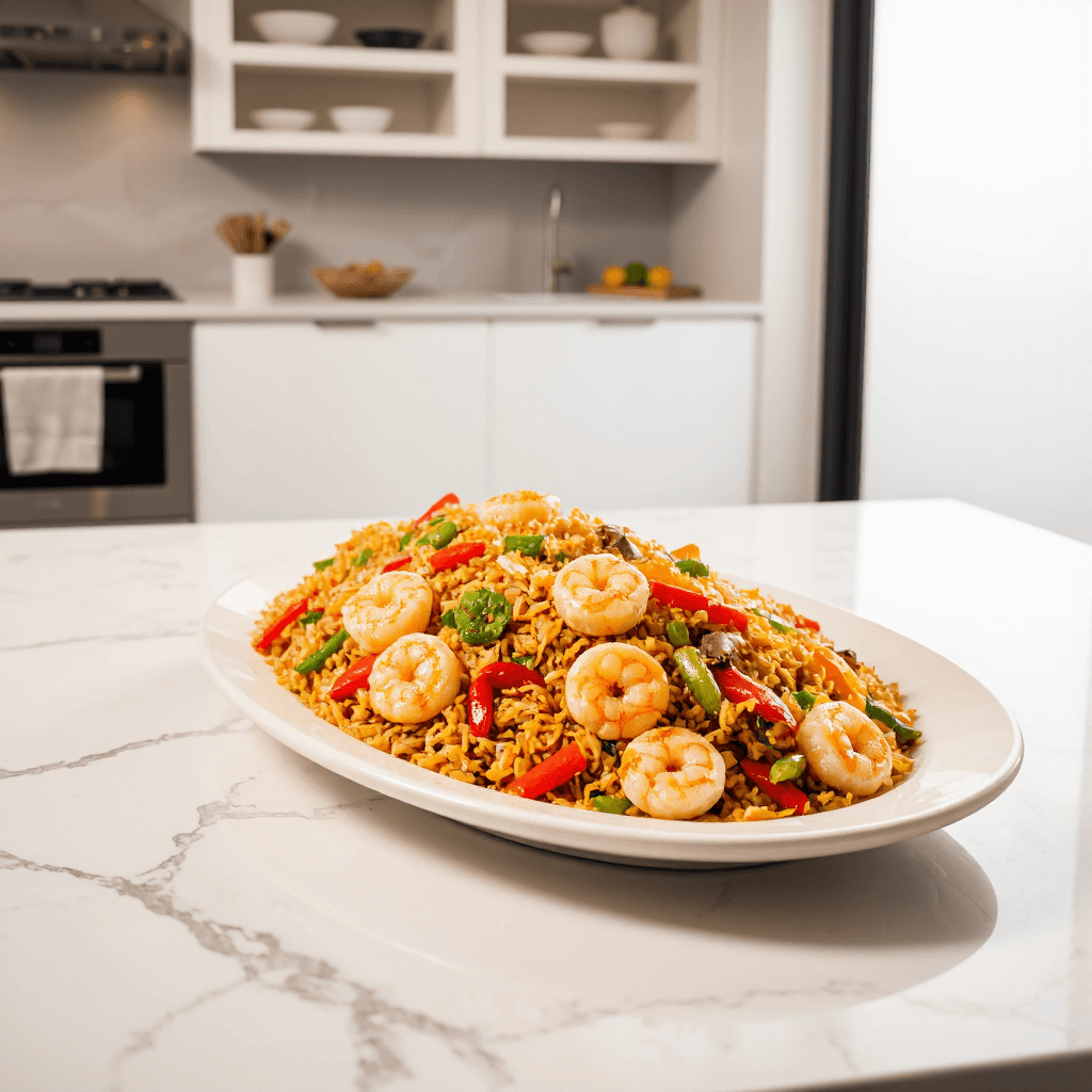 product photography of a plate of shrimp fried rice with vegetables