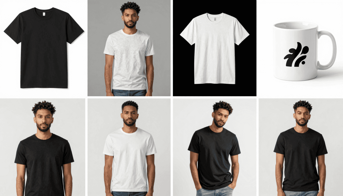 A diverse set of lifestyle mockups for t-shirts and mugs generated by Listybox