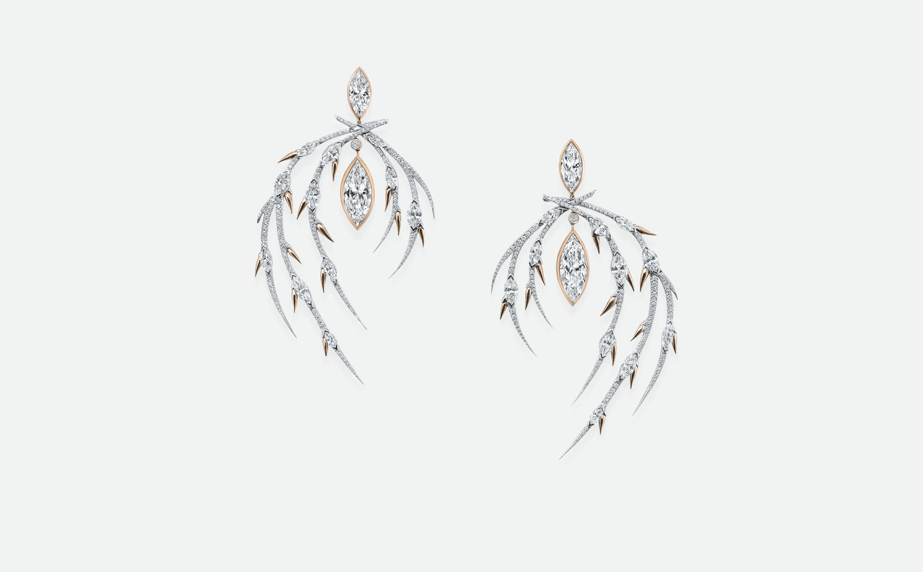 Sonnet XVIII diamond earrings in rose and white gold, a poetic fine jewellery creation from the independent atelier of designer Shaun Leane.