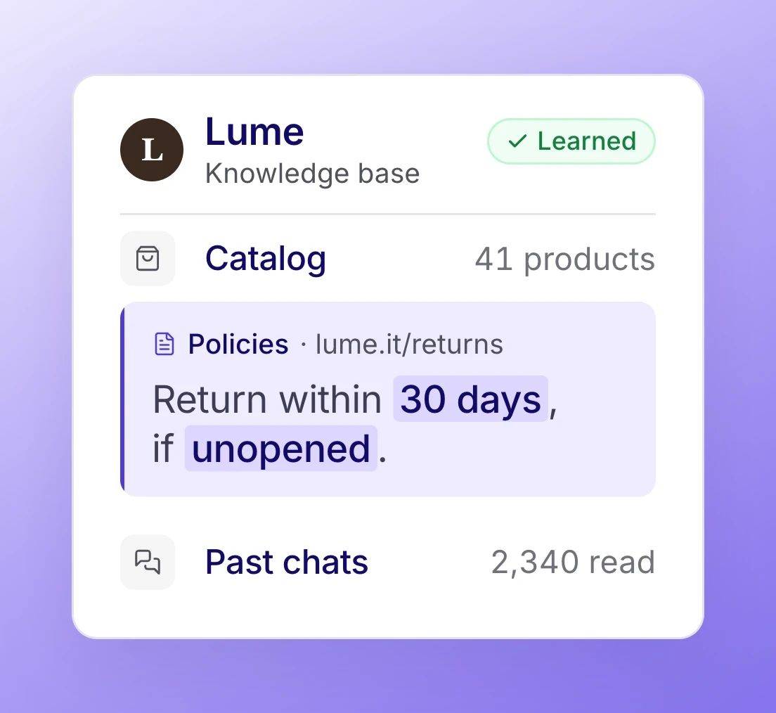 Knowledge base: catalog, policies and past chats