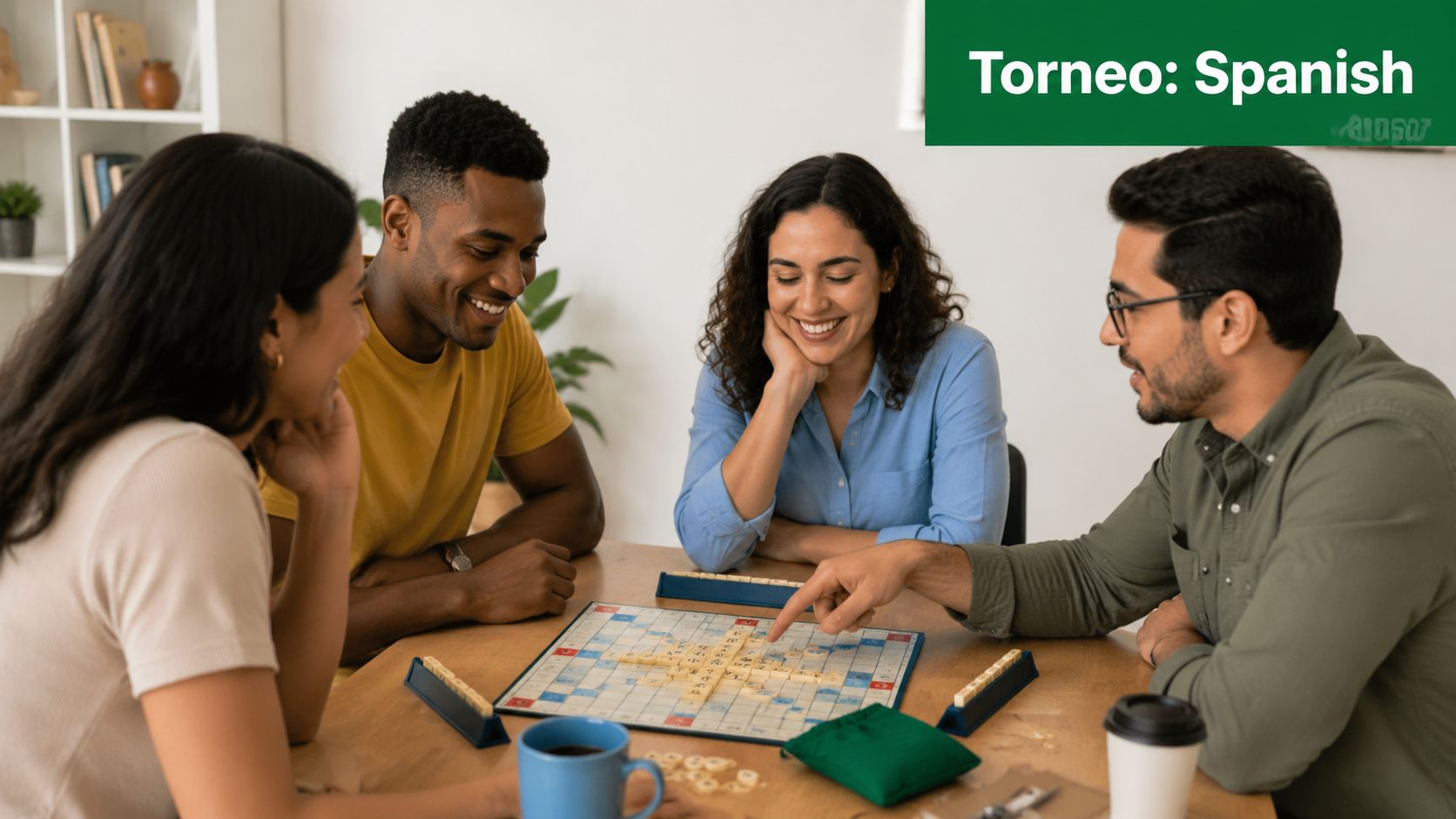 A group of diverse friends playing a board game together around a wooden table indoors.
