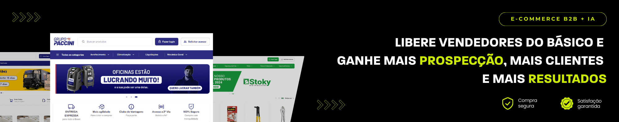 Banner horizontal com fundo escuro, ícones de segurança e satisfação, e imagens de lojas B2B exibidas à esquerda. Elementos gráficos em verde destacam o tema de e-commerce B2B com IA.