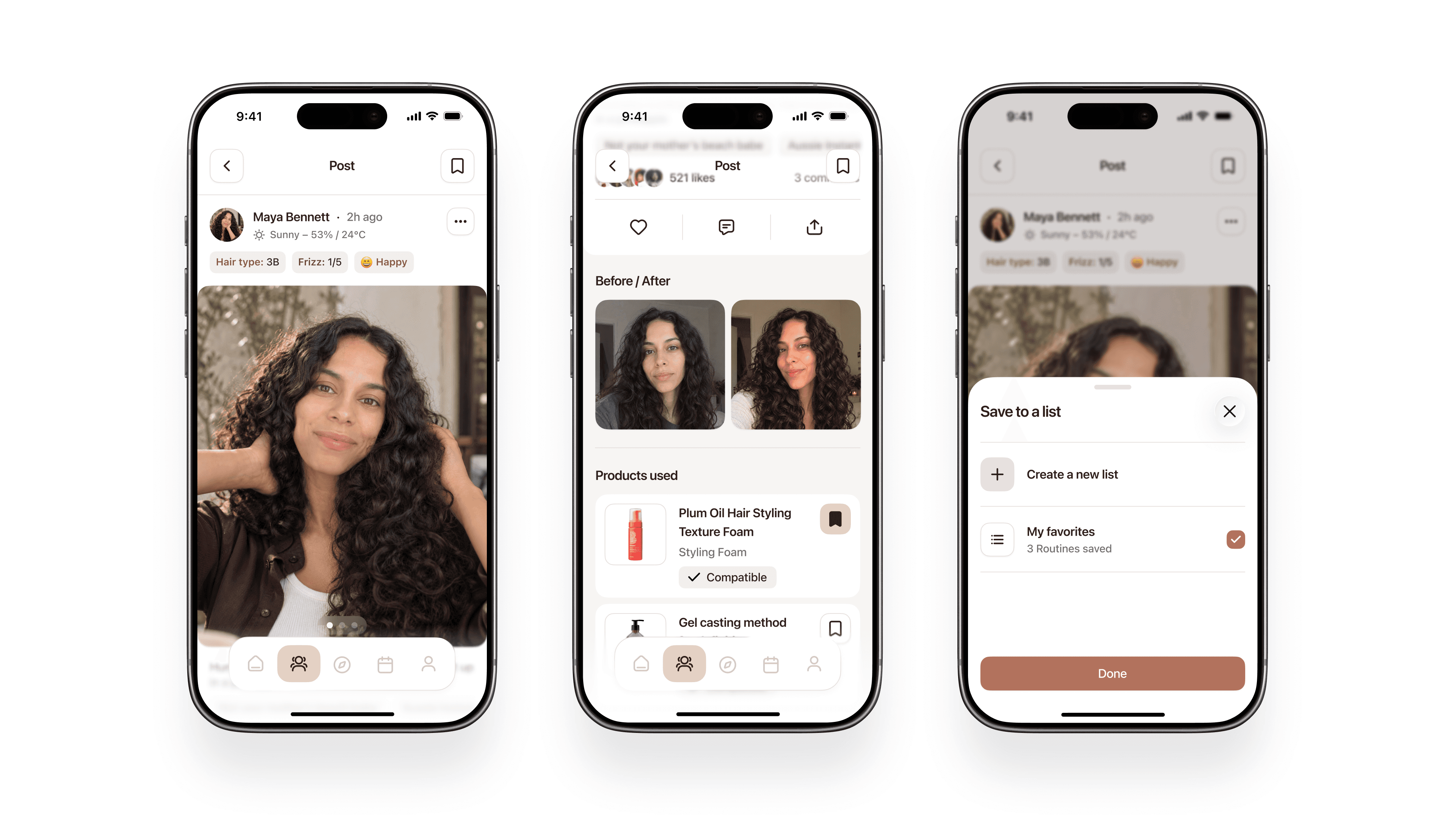 CurlsHub app save to list interface allowing users to create a new list or add routines to favorites.