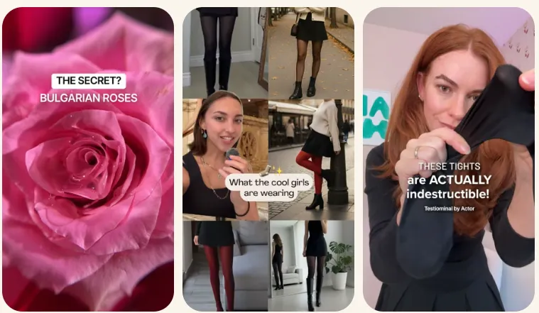 Collection of social media-style influencer ads featuring beauty and fashion content, including Bulgarian rose skincare and durable tights, from a Creative Milkshake campaign case study.
