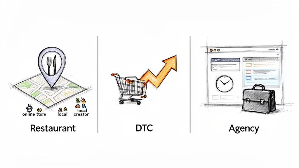 Illustration of three distinct business models: Restaurant, DTC, and Agency, with relevant icons.