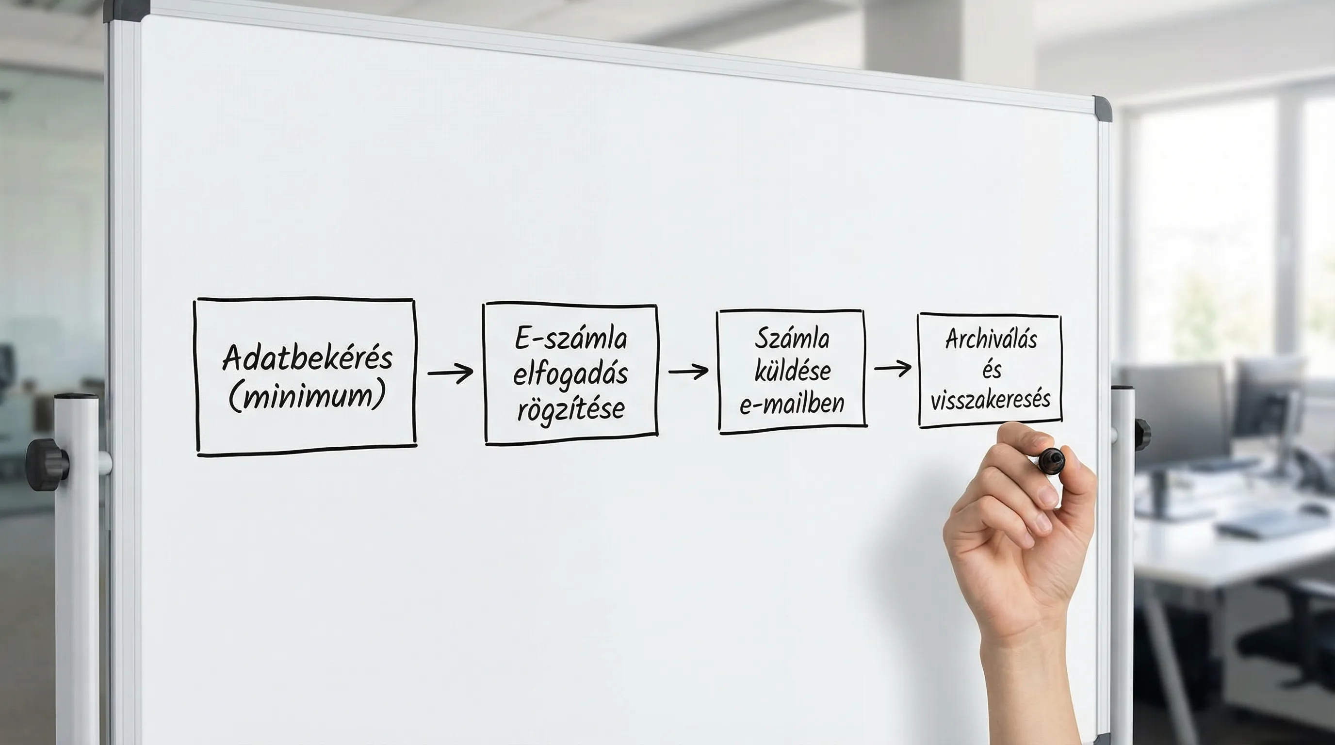 Egyszerű folyamatábra négy dobozzal: Adatbekérés (minimum) -> E-számla elfogadás rögzítése -> Számla küldése e-mailben -> Archiválás és visszakeresés.