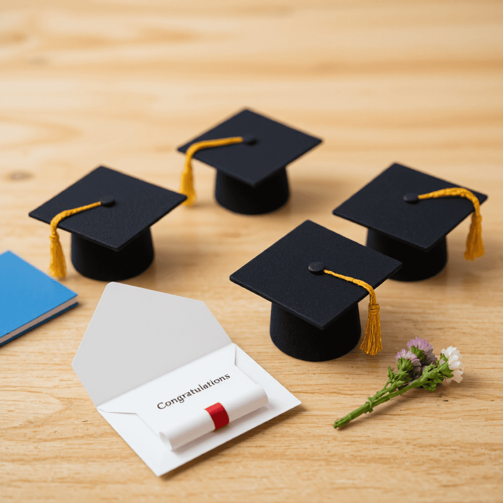 product photography of miniature graduation caps