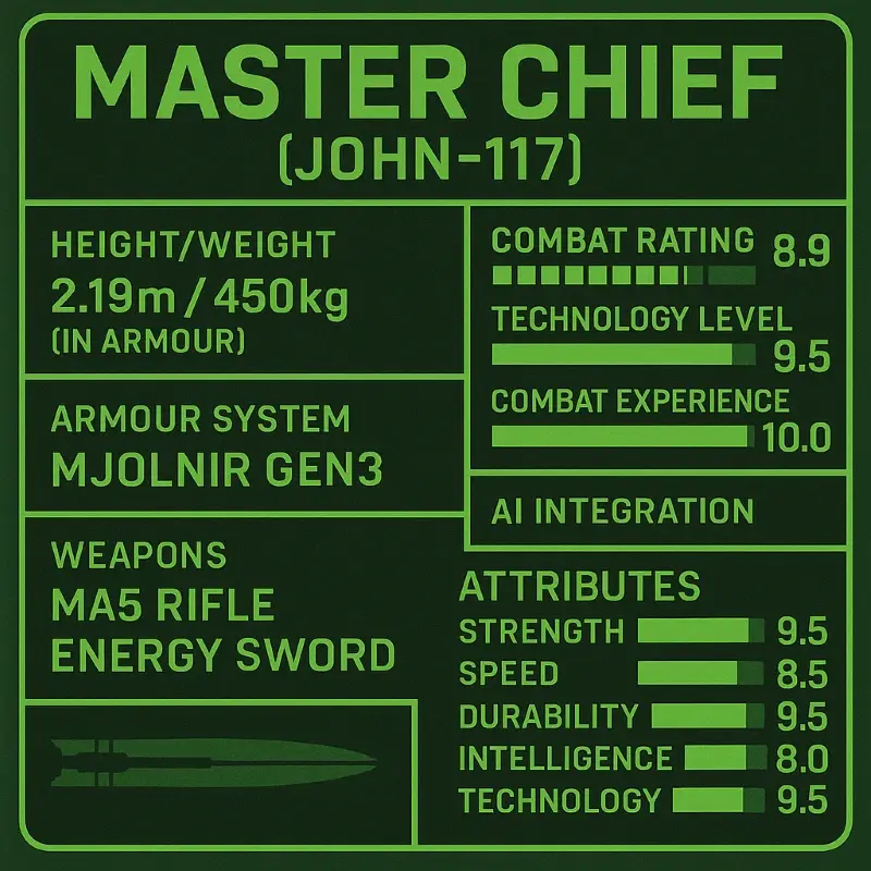 The image displays a data panel for "Master Chief (John-117)," detailing specifications such as height of 2.19m and weight of 450kg with armour, the MJOLNIR GEN3 armour system, equipped weapons like the MA5 Rifle and Energy Sword, and attributes including high combat rating, technology level, and AI integration.