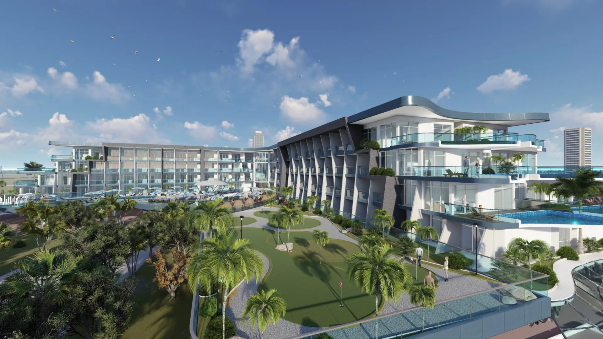 Construction site of a new hotel on the beach at Samana Golf Avenue, featuring scaffolding and ocean views.