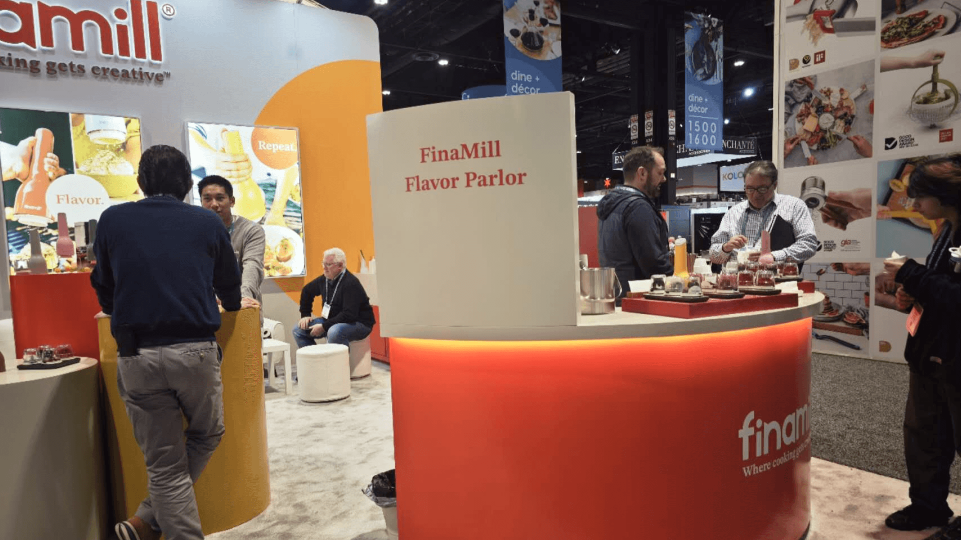 Equipment-focused trade show booth structure with stable platform build and open tasting counter layout for food service brands at Las Vegas Convention Center