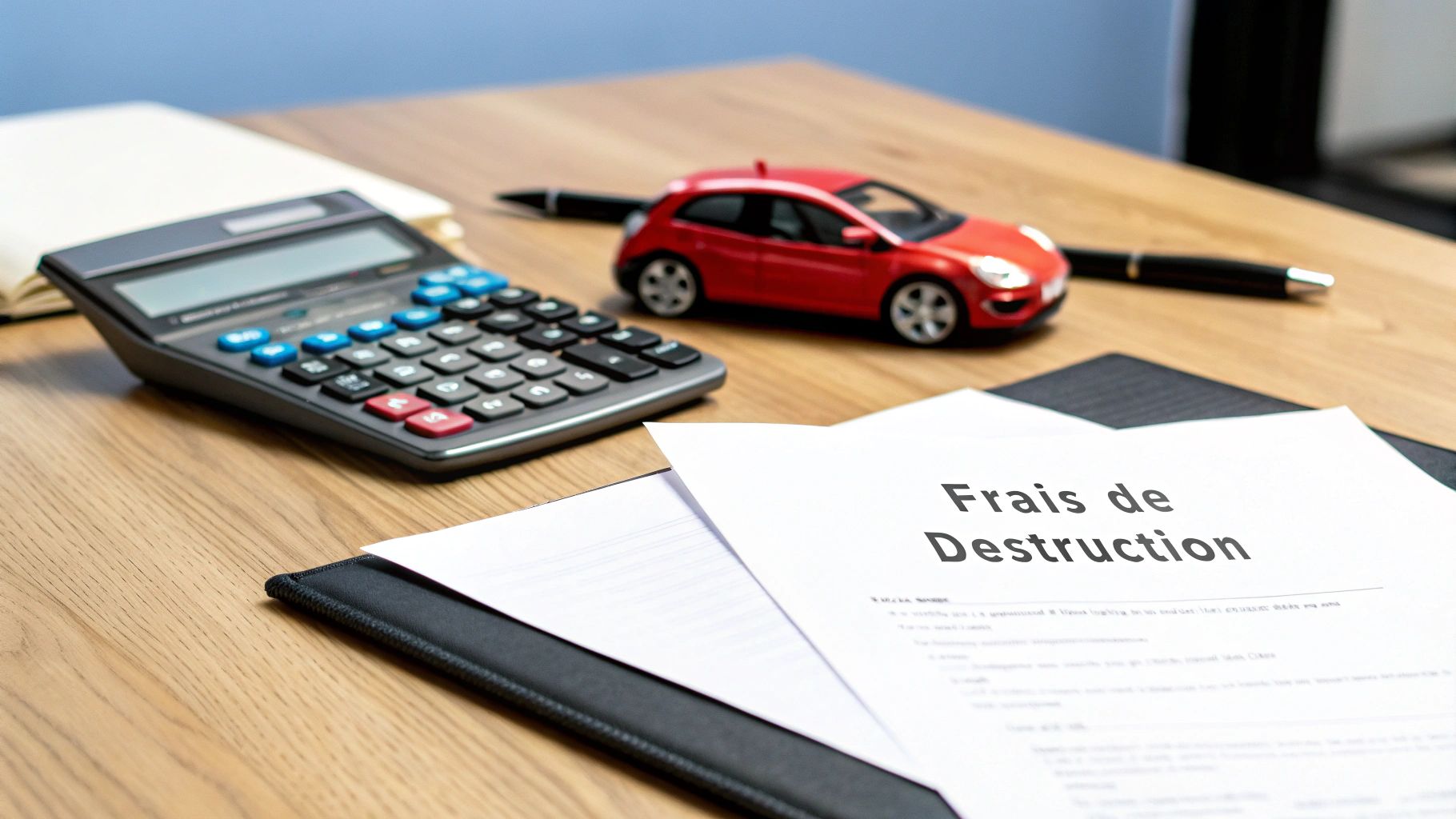 Une calculatrice, une voiture miniature rouge et un document « Frais de Destruction » sur un bureau en bois.