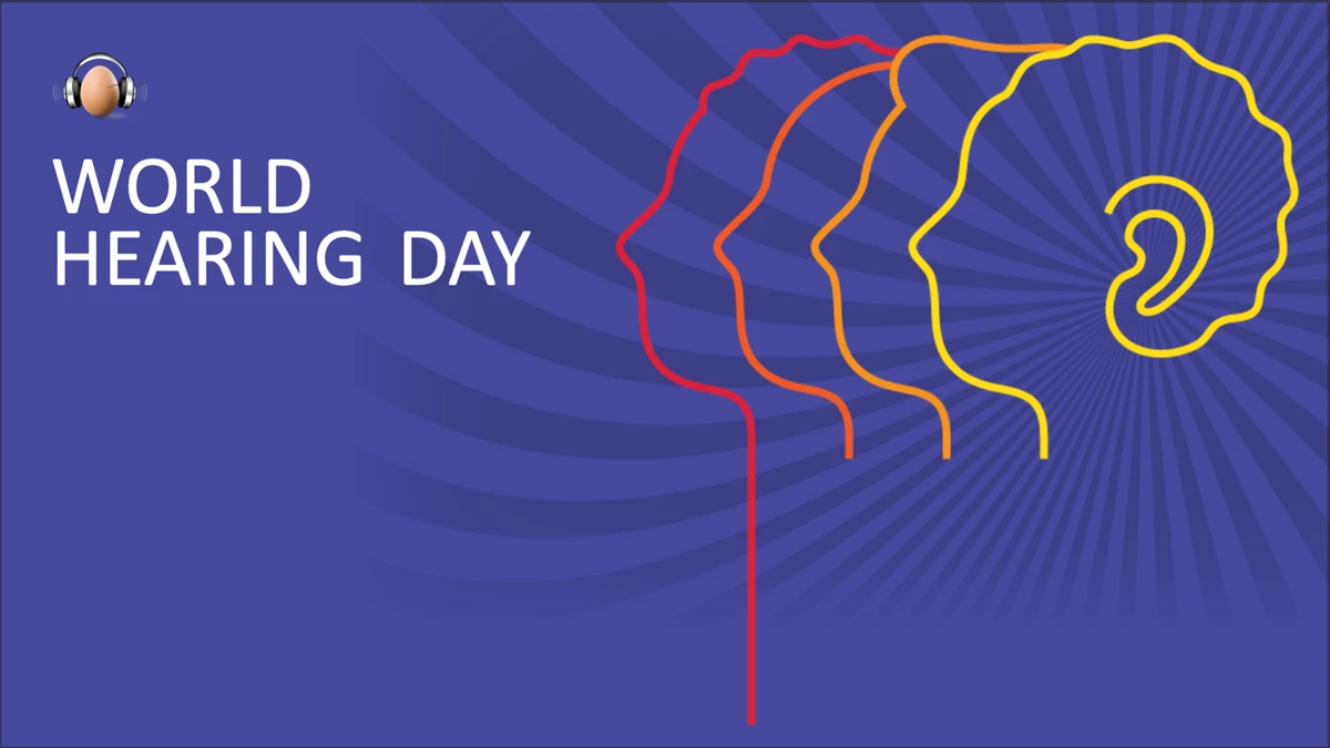 World Hearing Day graphic with three human head profiles in red, orange, and yellow, overlapping on a purple background, featuring an ear illustration