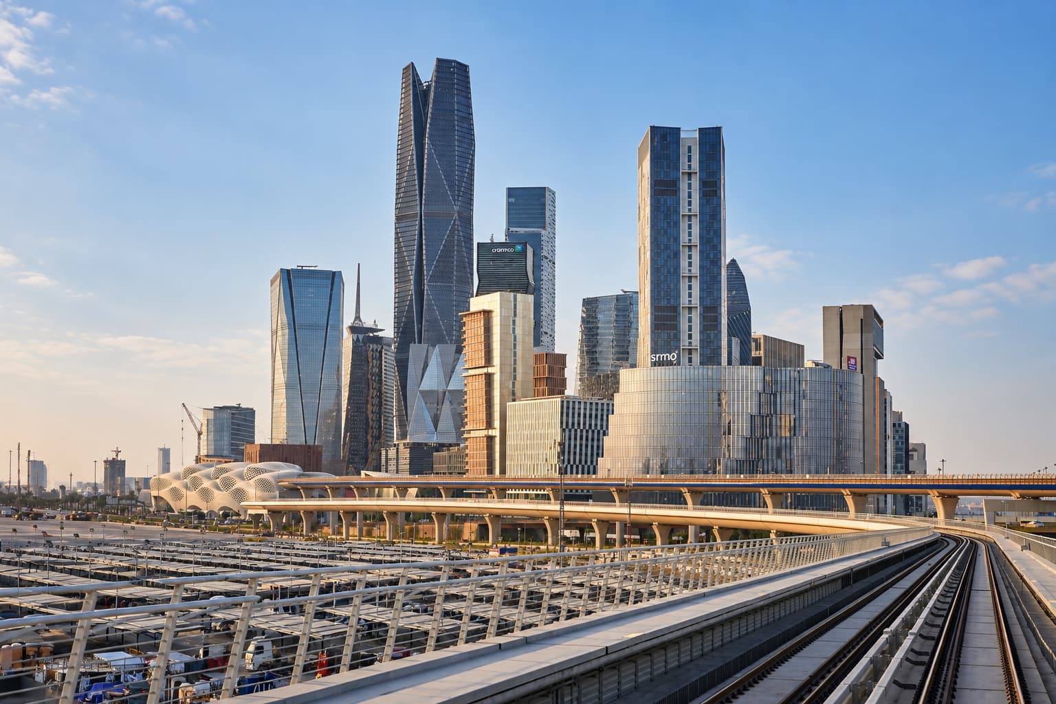 KAFD skyline with modern high-rise buildings, elevated metro tracks, transport infrastructure and surrounding roads
