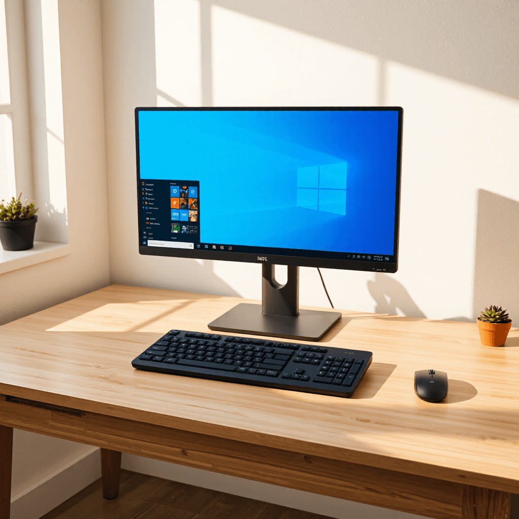 product photography of all-in-one desktop computer with a monitor, keyboard, and mouse
