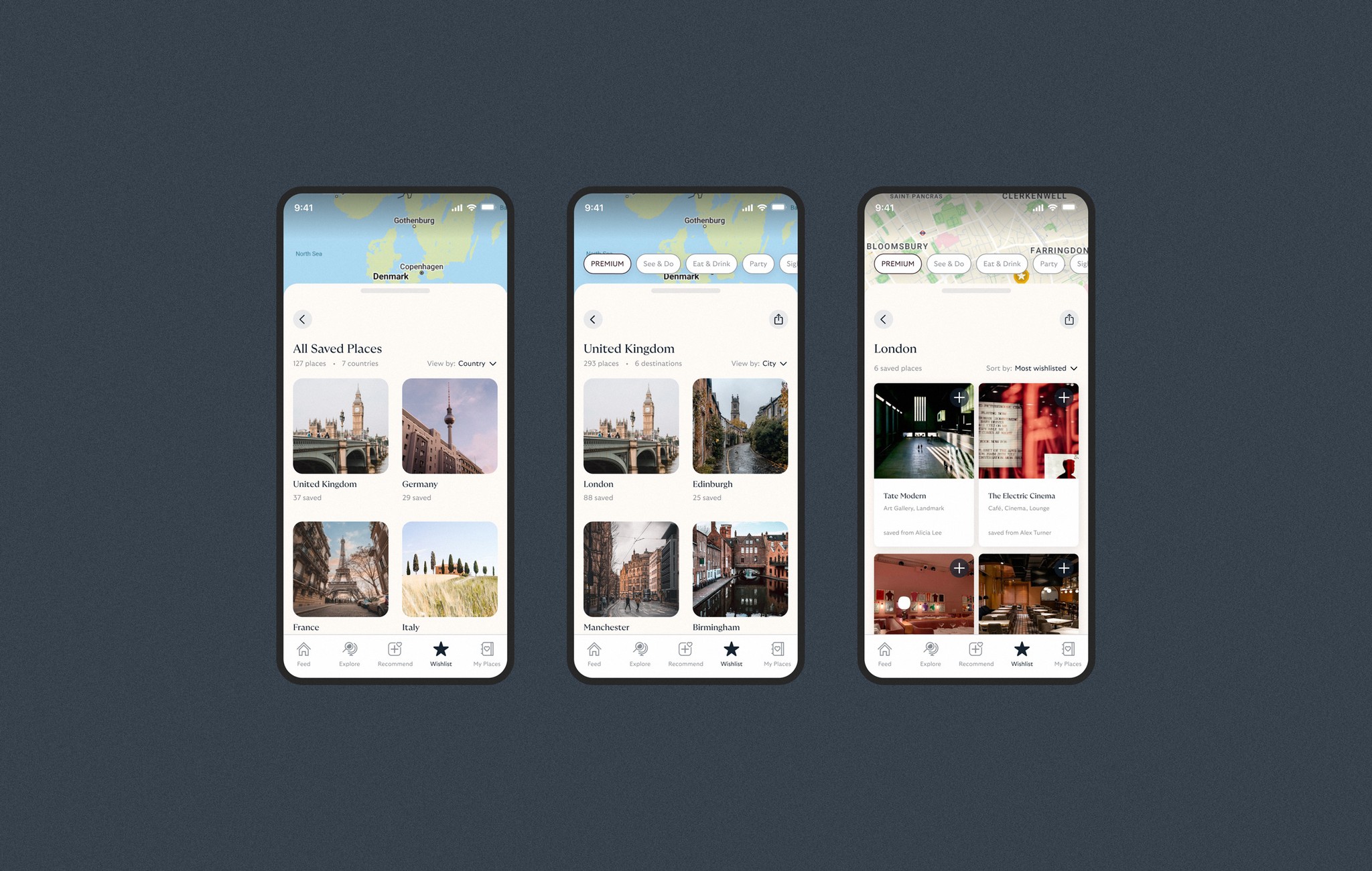 Modern buildings with geometric patterns against dark sky