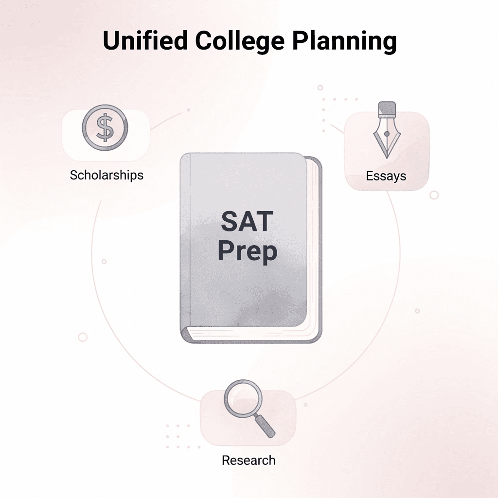 Hub and spoke diagram showing Kollegio AI connecting SAT prep, scholarships, essays, and research