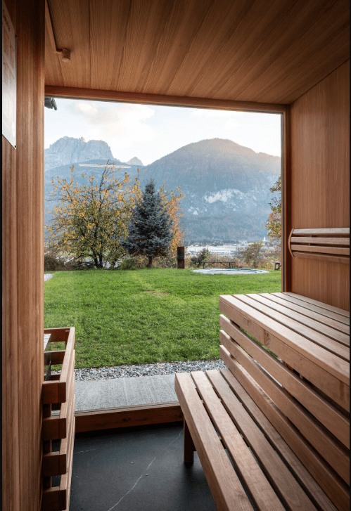 Private outdoor sauna at Ufogel with panoramic views of the Lienz Dolomites in East Tyrol.