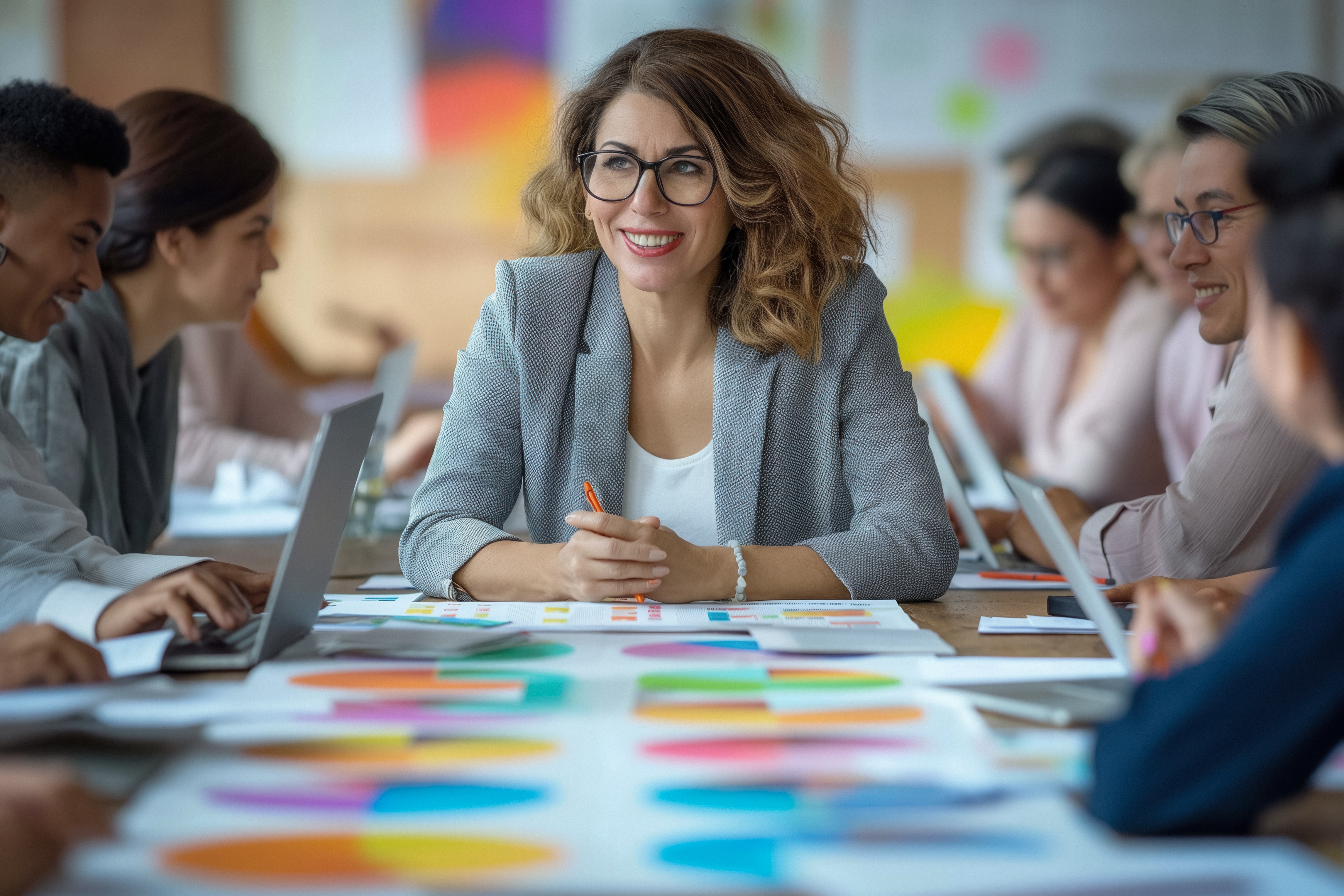 Business people and educators collaborating in classroom
