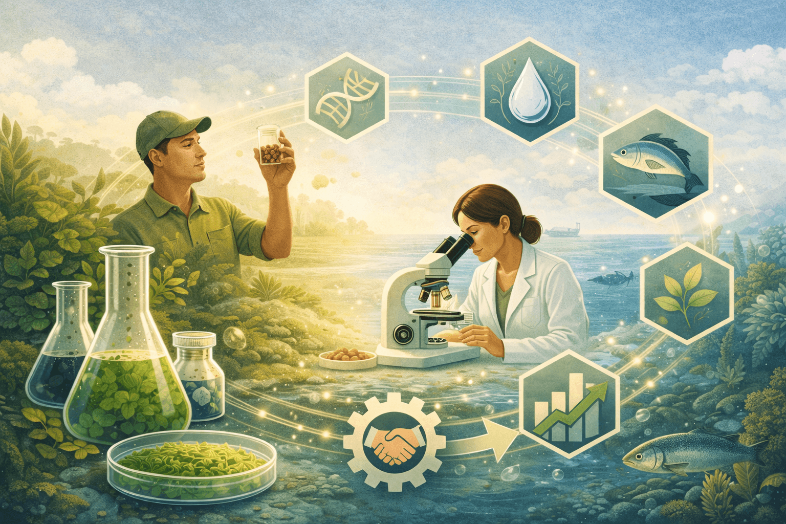 A close-up of a large shell filled with golden grains, resting on a white surface with some food items in the background.