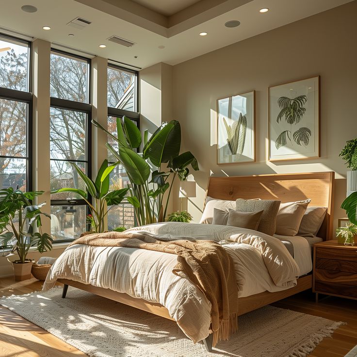 Sunlit bedroom with a cozy bed and beige bedding, surrounded by lush green plants. Large windows and framed botanical prints enhance the serene atmosphere.