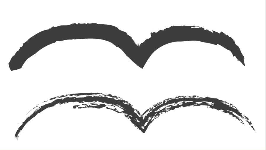 Two lines in the shape of birds (two arches meeting at a point in the middle). Each "bird" is draw with different pen texture.