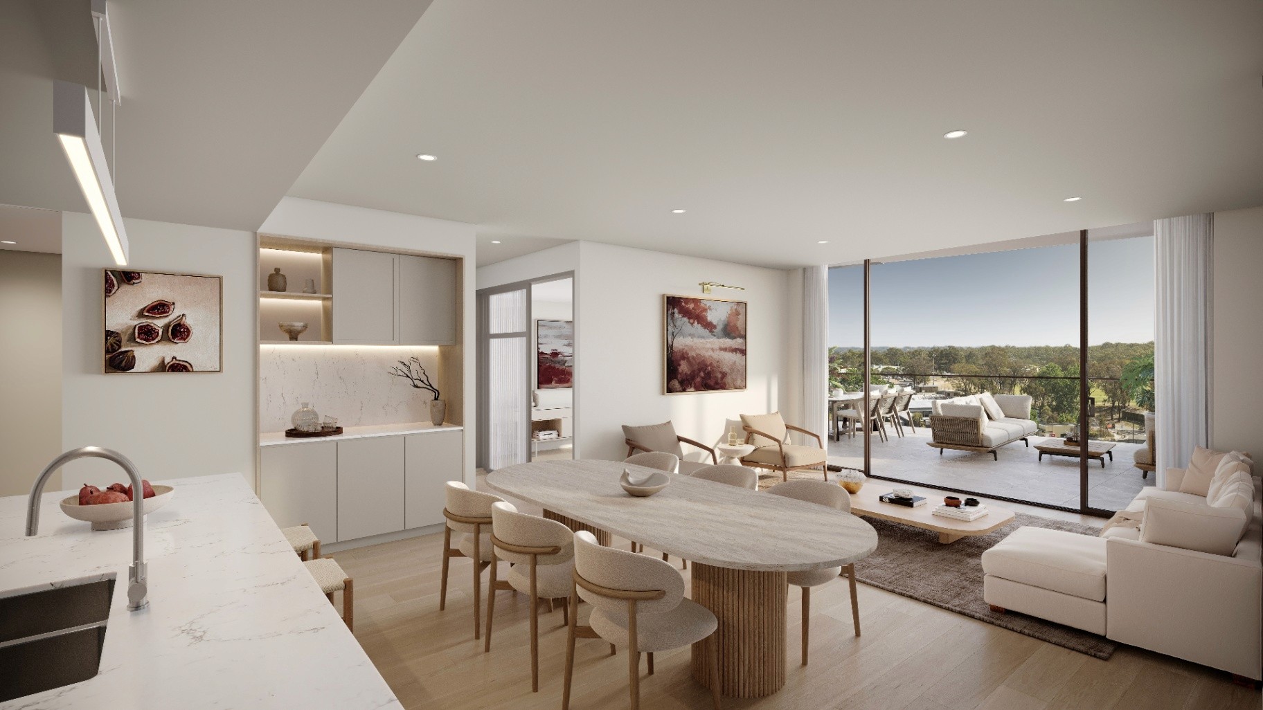 Spacious living and dining area with balcony views at Lily Lane Castle Hill, off the plan Sydney apartment secured with $10K via Coposit