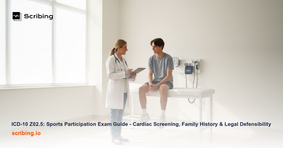 Medical stethoscope and clipboard next to athletic shoes representing a pediatric sports participation physical exam related to ICD-10 code Z02.5