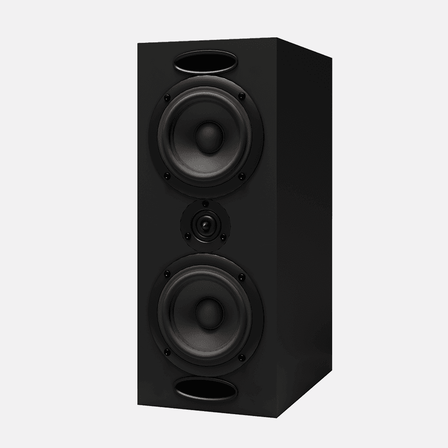 Black floorstanding speaker with two woofers and a tweeter