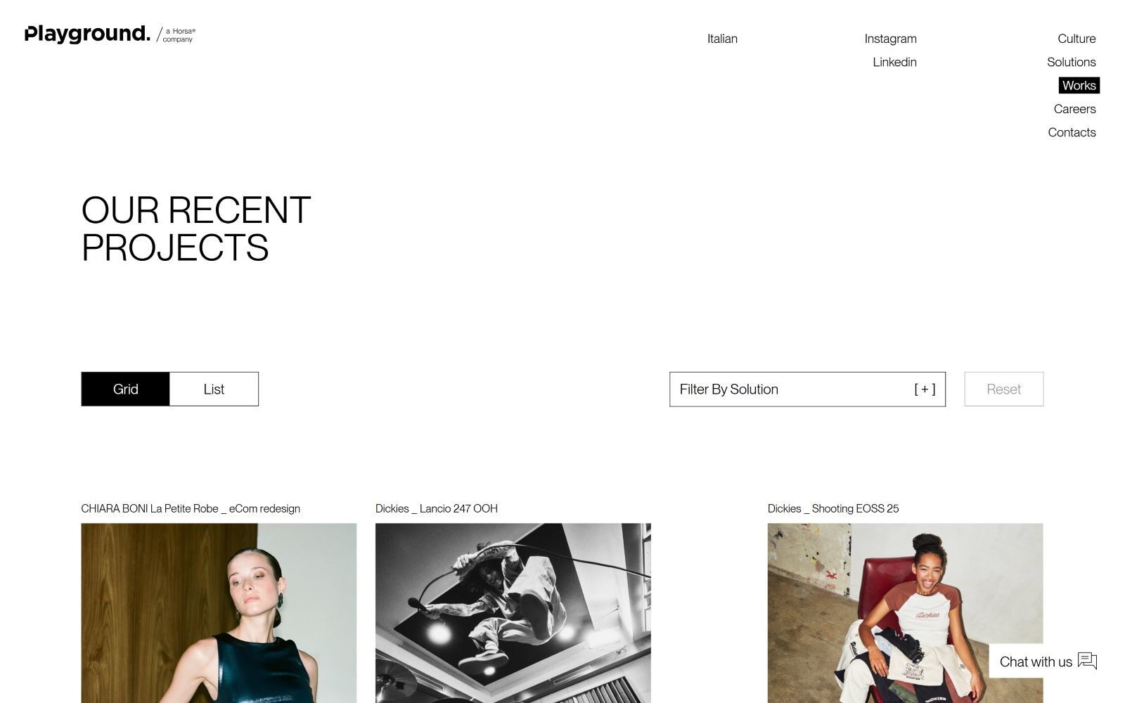White website with "playground." logo, navigation links, and project images below text "OUR RECENT PROJECTS." Filter options present.