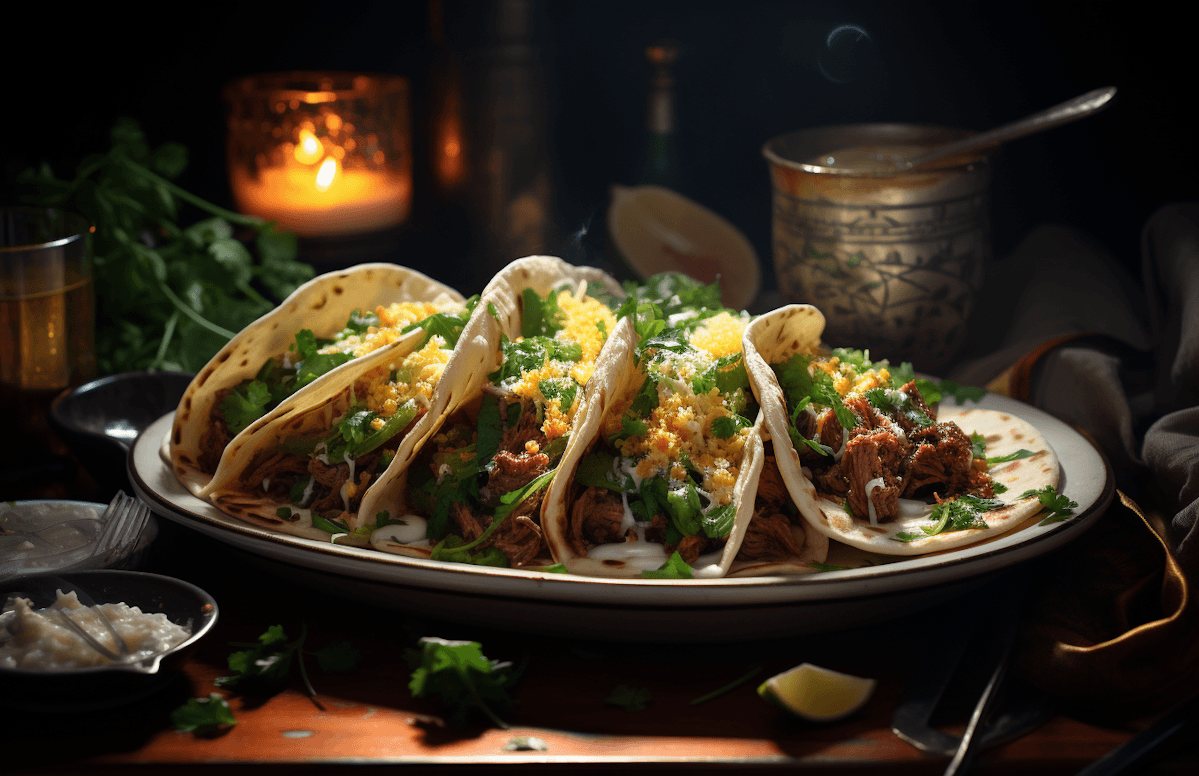 A plate of five savory soft-shell tacos, generously filled with seasoned meat, cilantro, and shredded cheese, presented in a dimly lit, atmospheric setting with a lit candle and a copper vessel in the background.