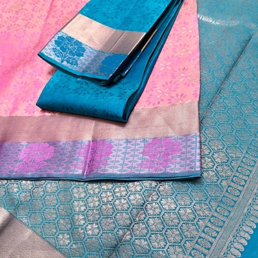 Soft Pink and Teal Green Floral Kanchivaram Silk Saree