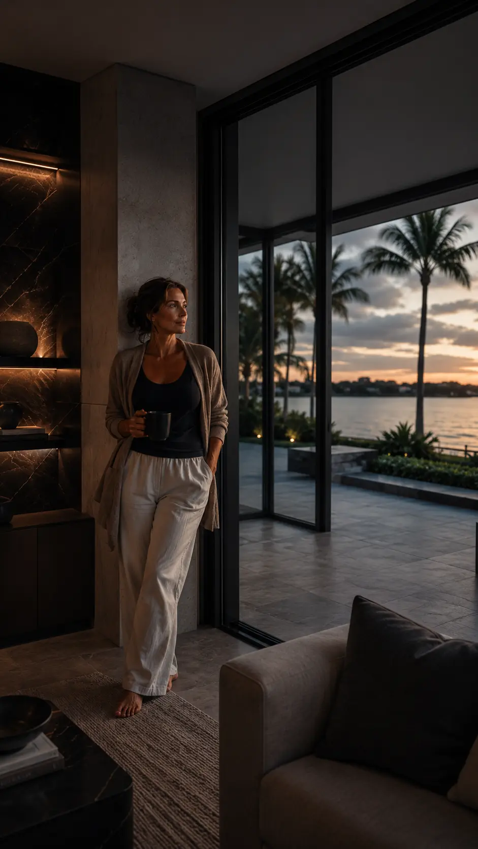 Woman in a cardigan standing by a window at dusk