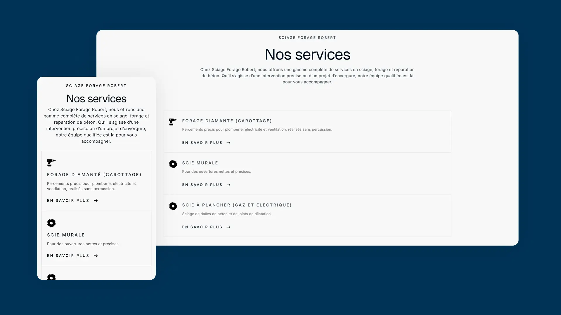 Page des services du site Sciage & Forage Robert affichée sur desktop et mobile — forage diamanté, scie murale et scie à plancher pour travaux de béton