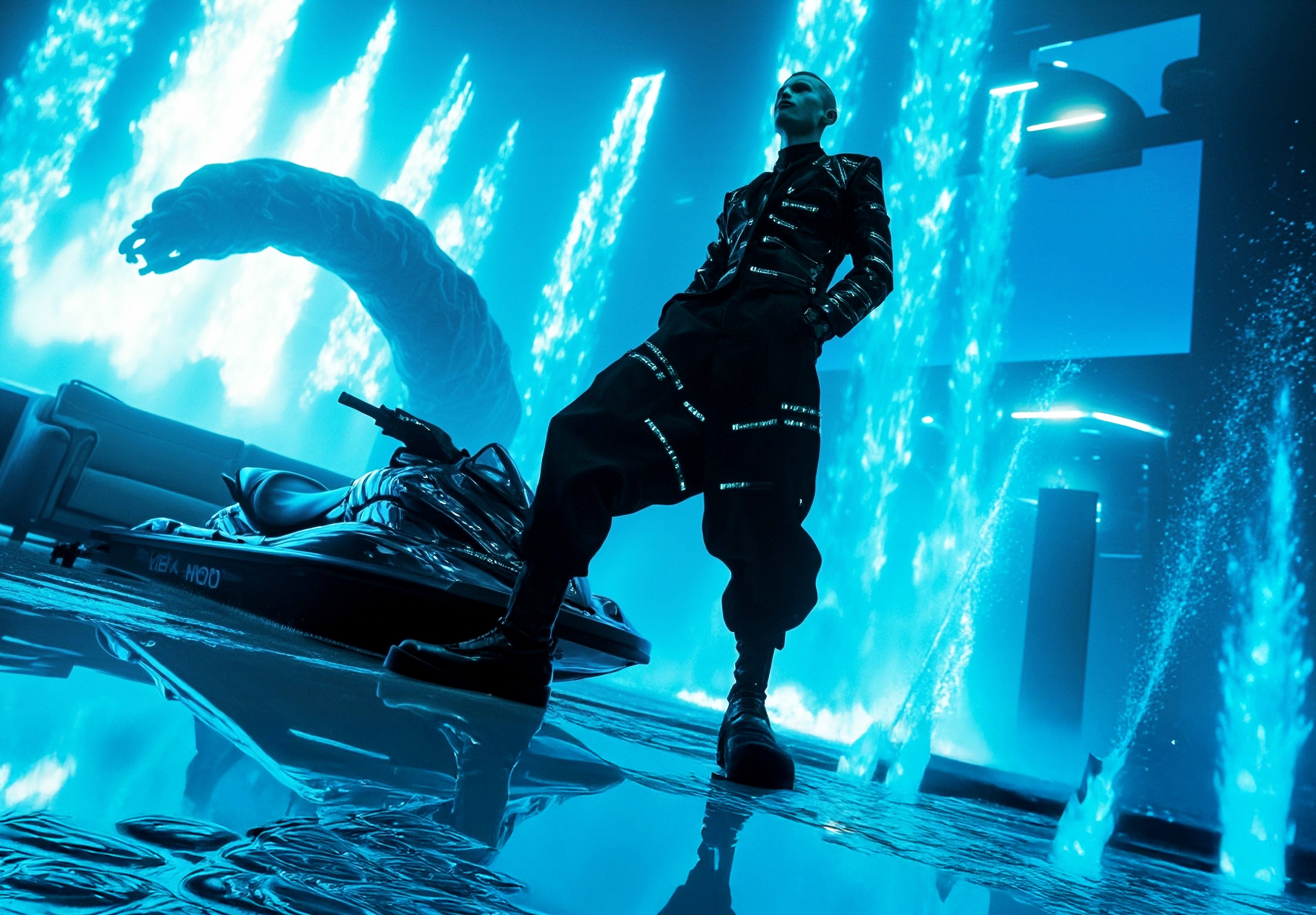 Action shot of futuristic figure in glowing cyber space.