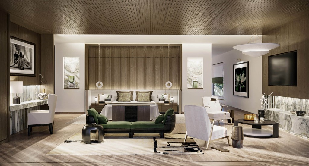 Spacious modern bedroom with a large bed and desk, set in the Lanai Islands, Dubai.
