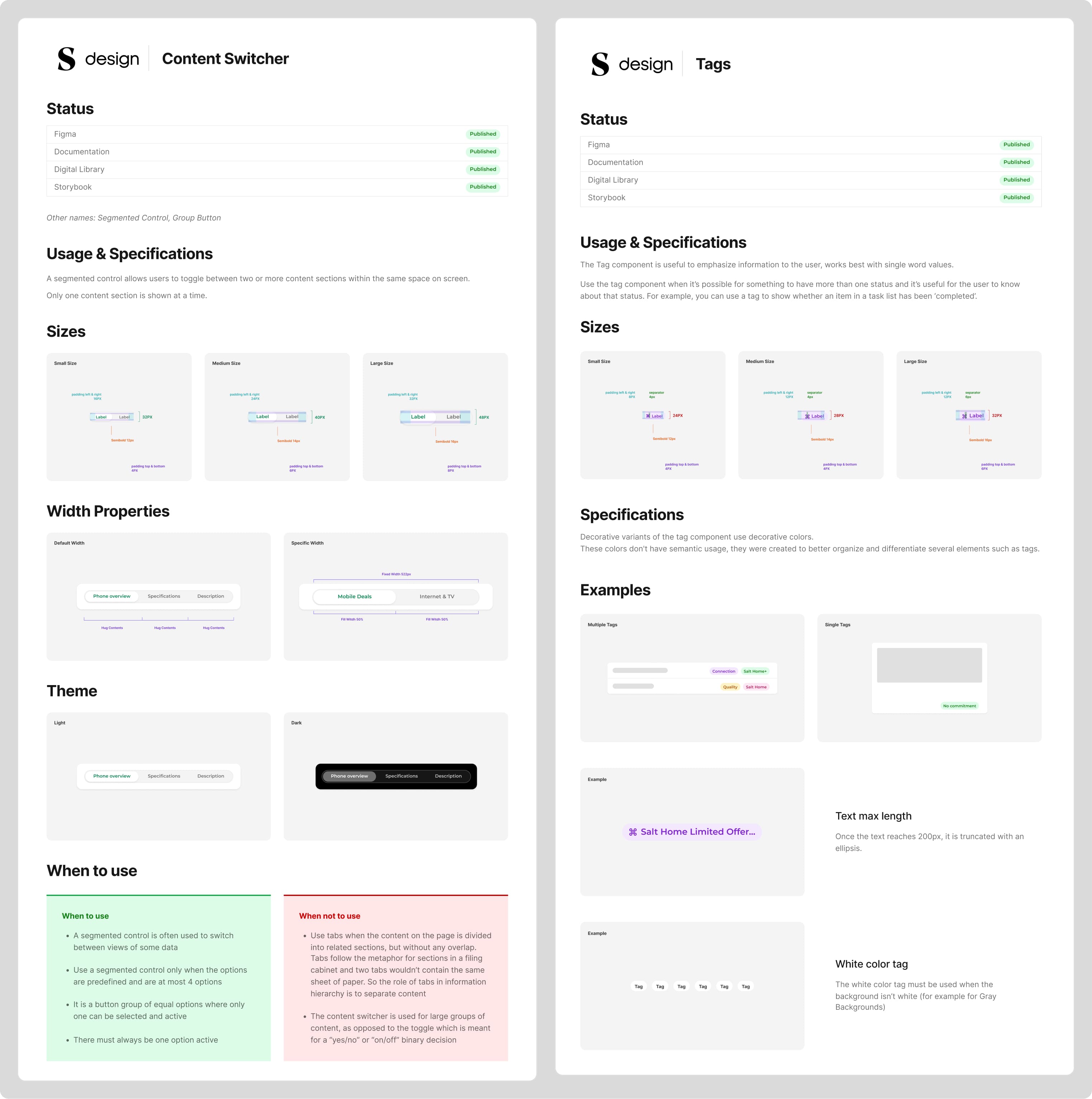 Design system documentation for Salt Mobile showing content switcher and tag components with usage guidelines, sizes, and specifications.
