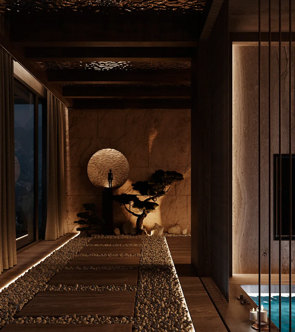 Peakside Chalets Cyprus hallway with warm timber finishes, decorative sculpture, and pebble inlay flooring