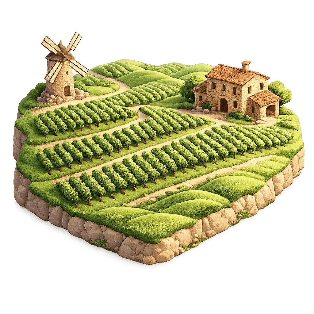 Artistic illustration of the Beaujolais wine region.