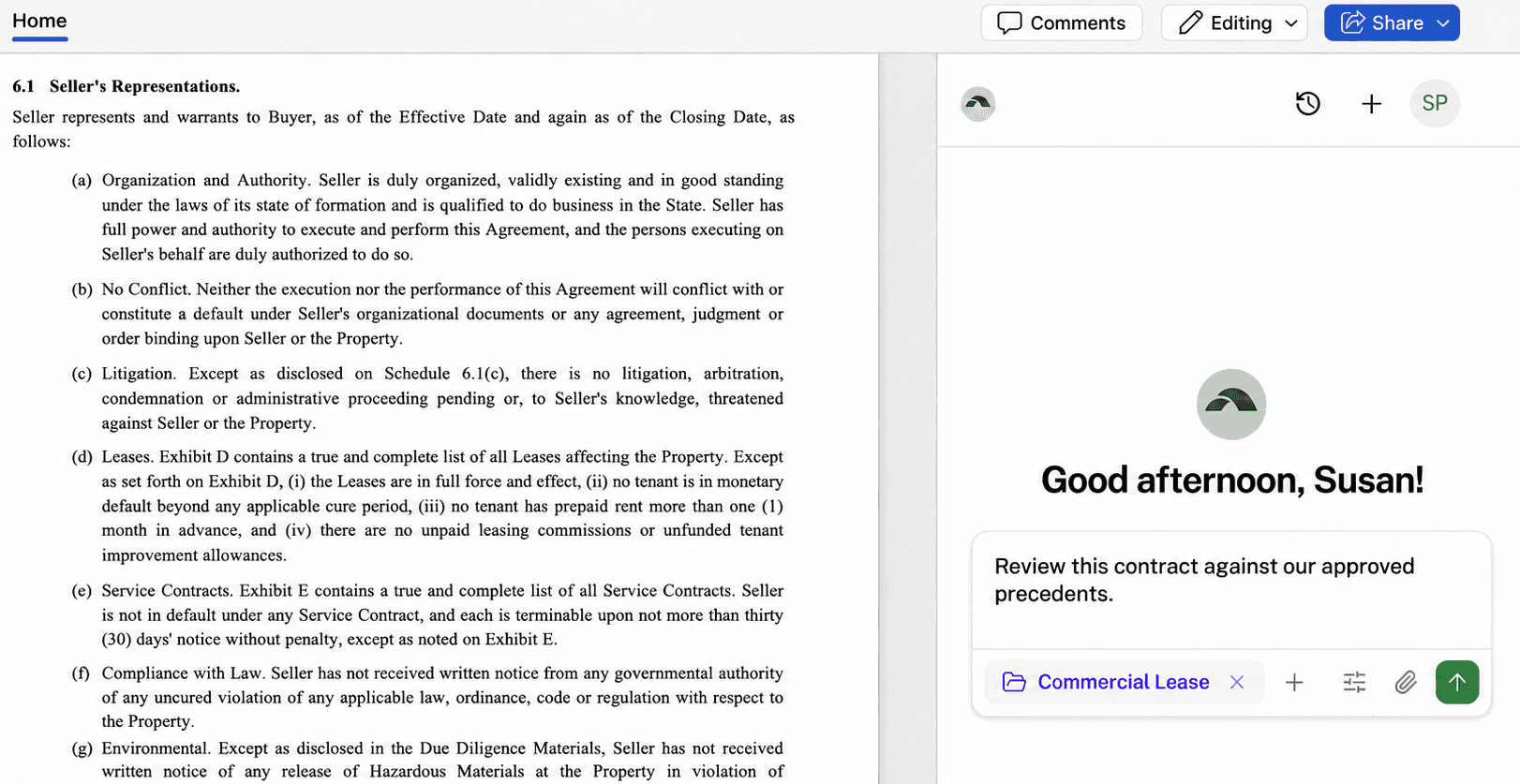 Parley assistant reviewing a commercial lease inside Microsoft Word