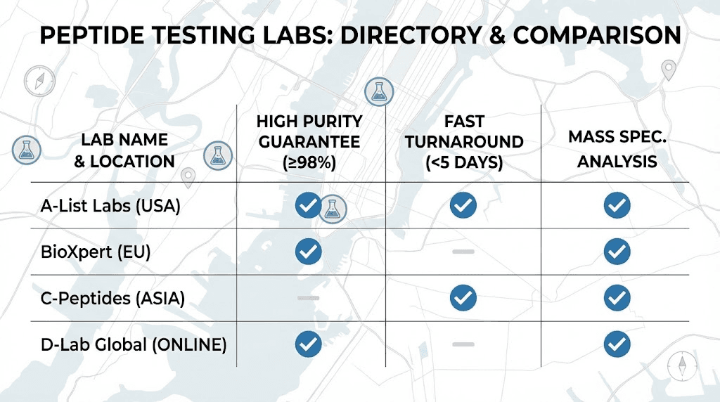 Overview of independent peptide testing labs and their key features