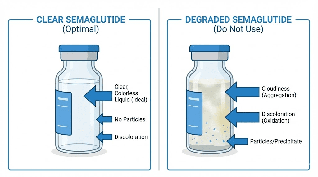 How to identify degraded compounded semaglutide visual comparison of clear versus degraded vials