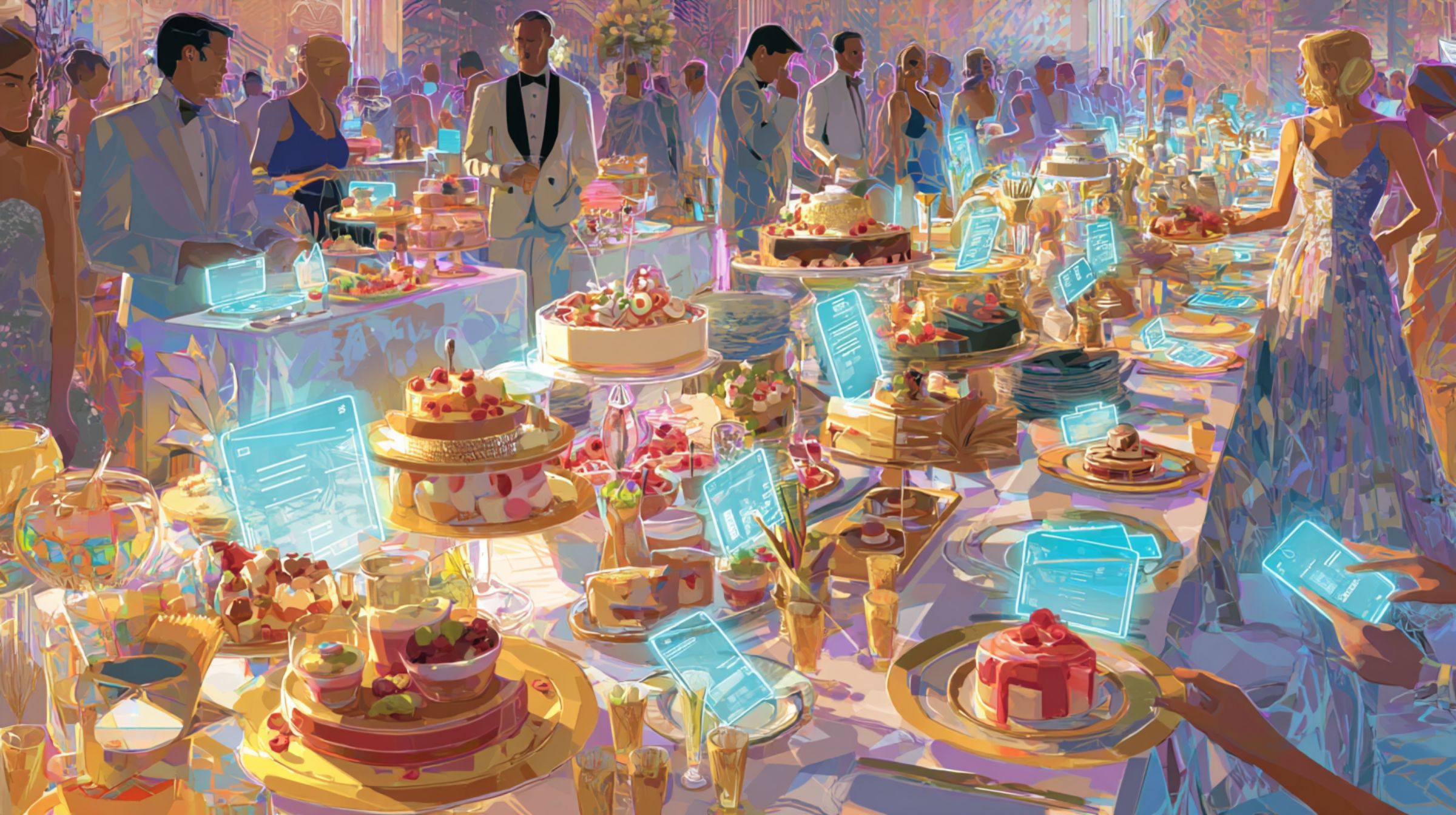 A lavish Gatsby-style banquet stretches endlessly, glowing screens and desserts blending into one display of cultural excess.