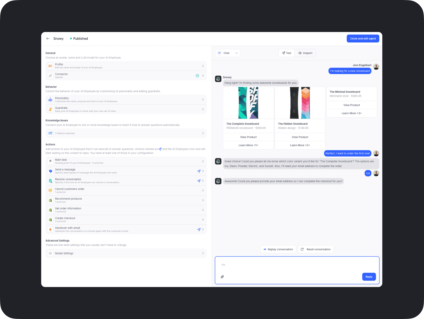 AI employee interface managing an automated chat to assist with snowboard product selection and checkout. Features actions like recommending products, collecting customer information, and completing checkout.