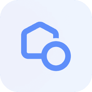 A blue icon on a light background featuring a stylized outline of a house with a circular element overlapping its lower-right corner. The design suggests concepts related to home, security, or access, possibly symbolizing smart home technology, property management, or real estate services.