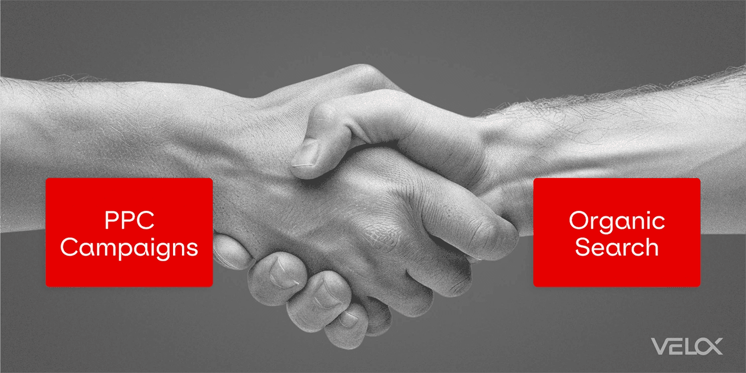 Two people shaking hands. One with a label that says "PPC Campaigns" and the other says "Organic Search."