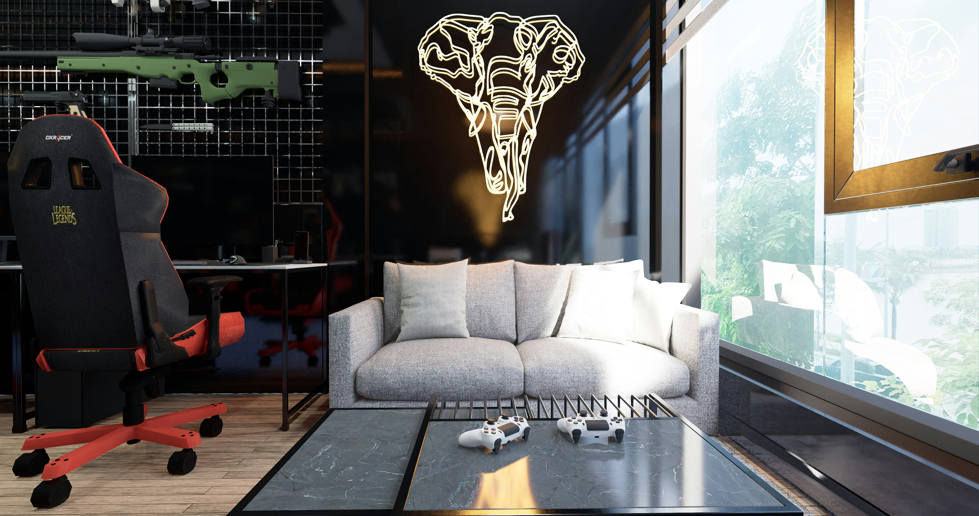 Modern gaming room interior render with gray sofa, black coffee table, racing chair, neon elephant wall art, and large window