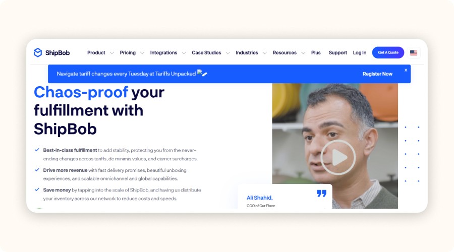 ShipBob homepage highlighting its logistics advantages: world-class order processing, economies of scale, and fast shipping, with a video testimonial from a satisfied customer.