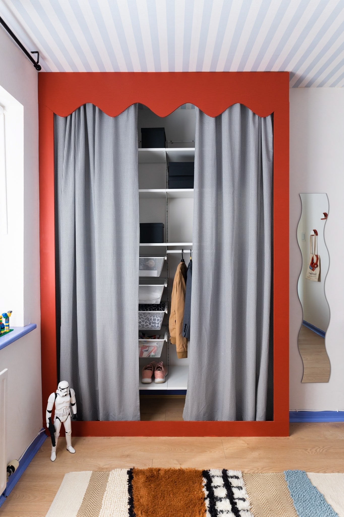 Colourful Ikea wardrobe curtain hack in interior design by Atelier Akuko.