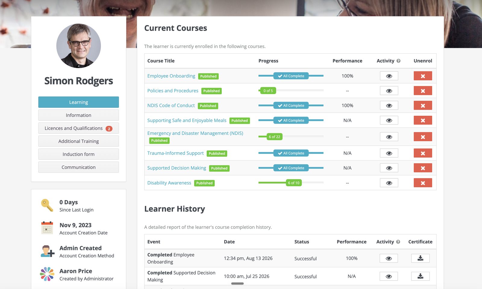 A support worker's Wyzed learner record showing current courses, progress against each one, and a dated history of completed training with certificates