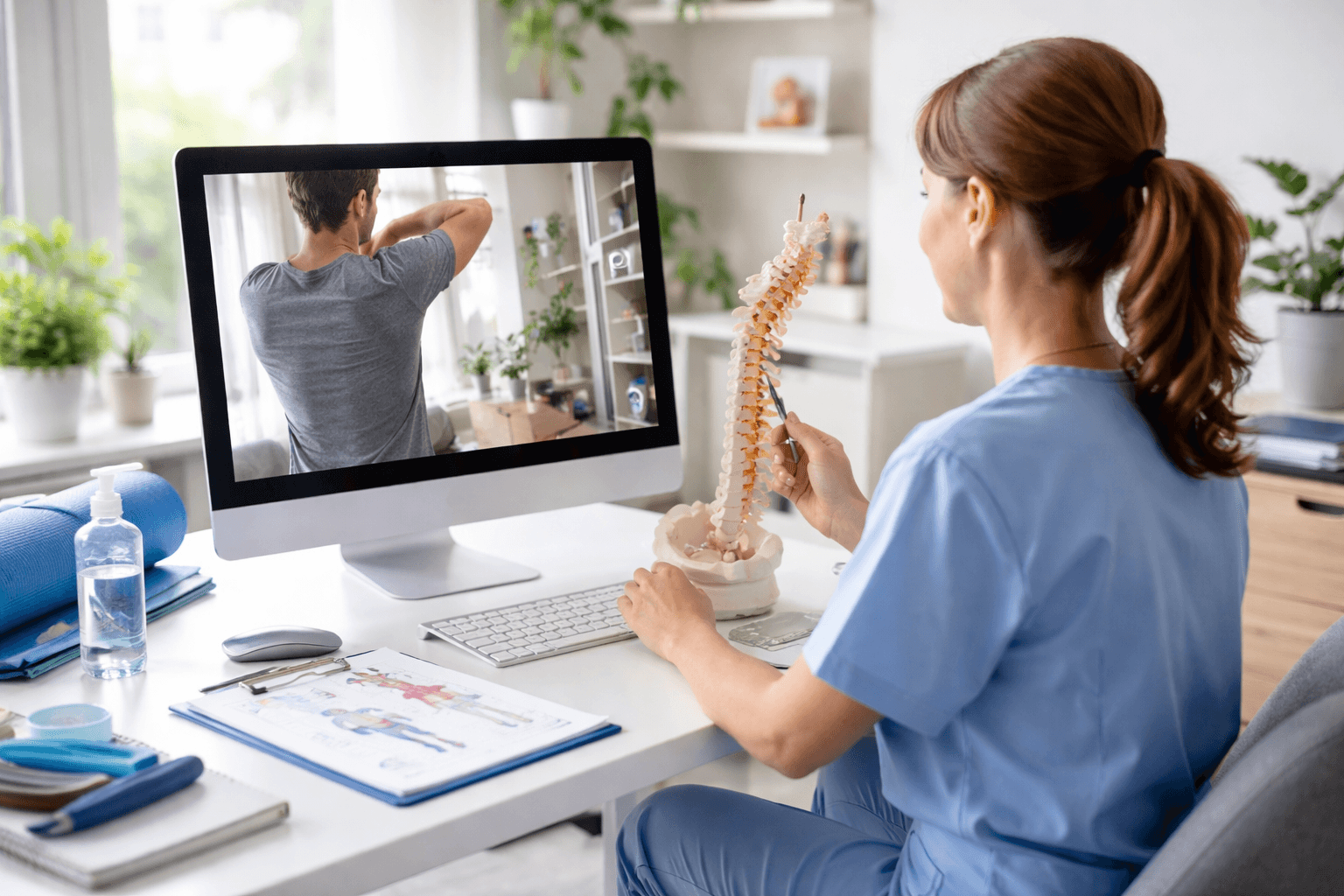 Patient attending physiotherapy telehealth appointment on screen